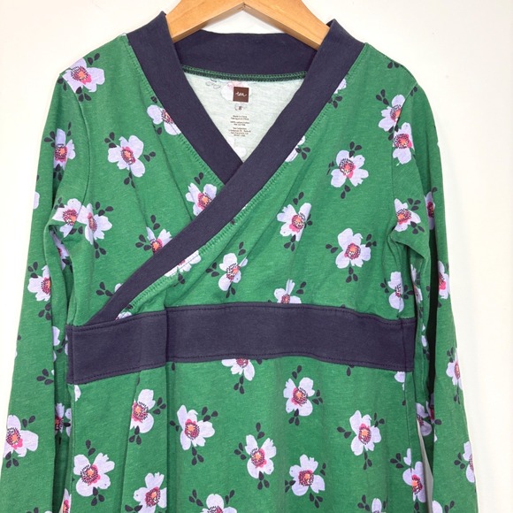 Tea Collection Girls Kimono Wrap Dress Size 8 Green Floral Long Sleeve Cotton - Picture 5 of 5